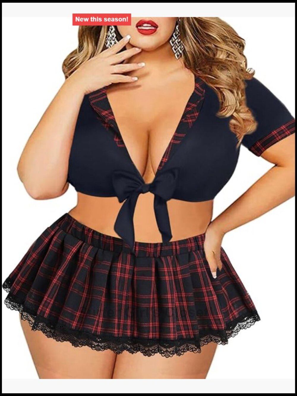 Sexy Plus Size Schoolgirl Lingerie Costume Set with Plaid Mini Skirt